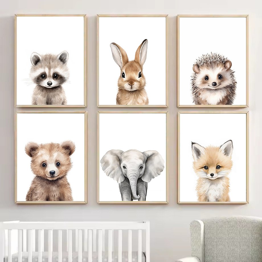 Baby Nursery Wall - 1枚の水彩画の森の動物たち、子熊、ウサギ、アライグマのポスターカンバス絵画、壁の装飾、子供部屋の装飾