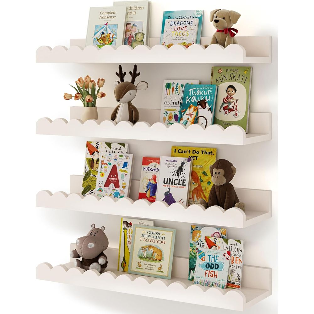 Baby Nursery Floating Shelves - 4パック ホワイトフローティングシェルフ、ウォールキッズ、スカラップシェルフ、ウォールブックシェルフ、ベッドルームキッズ、幼児部屋、ベビールーム、保育園D