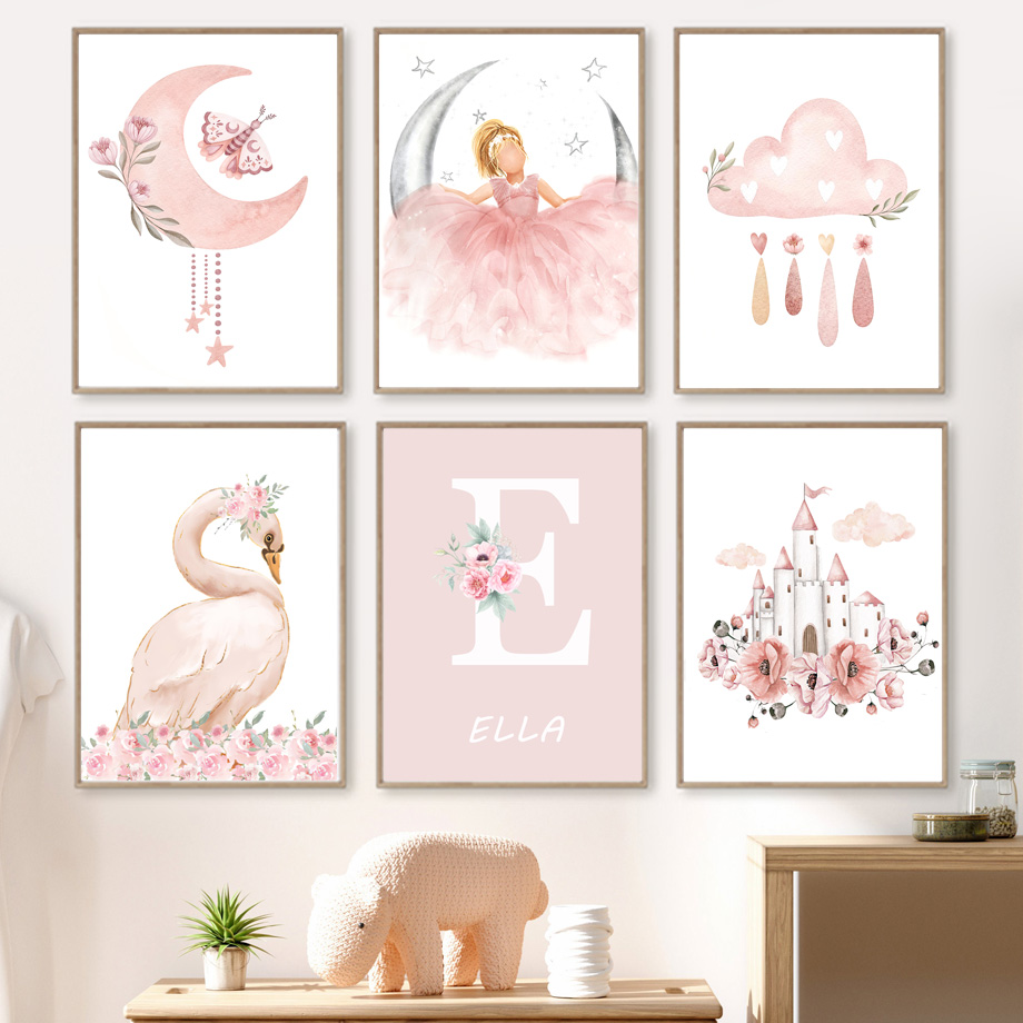 Baby Nursery Animal Prints - ピンクの天使の女の子日月雲白鳥城壁アート保育園キャンバス絵画北欧ポスタープリント写真ベビーキッズルームの装飾
