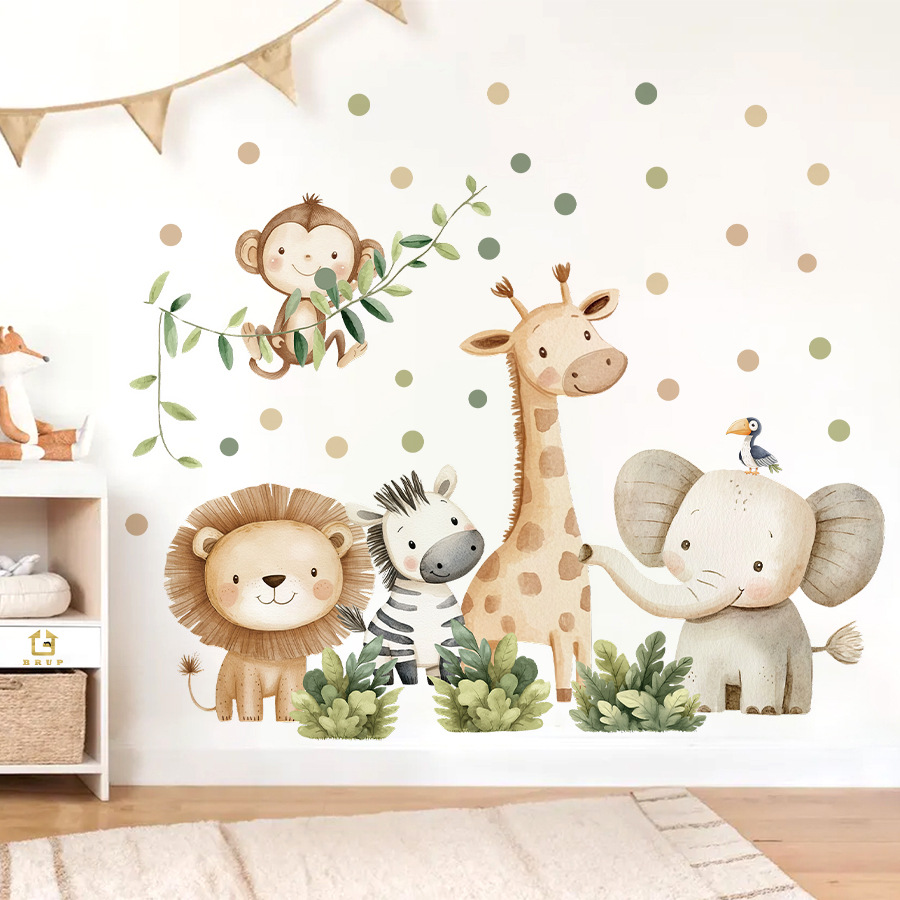 Baby Nursery Vinyl - 自由奔放に生きる森の動物ウォールステッカーキッズルーム用男の子女の子ベビールーム装飾保育園壁紙象キリン猿ライオン