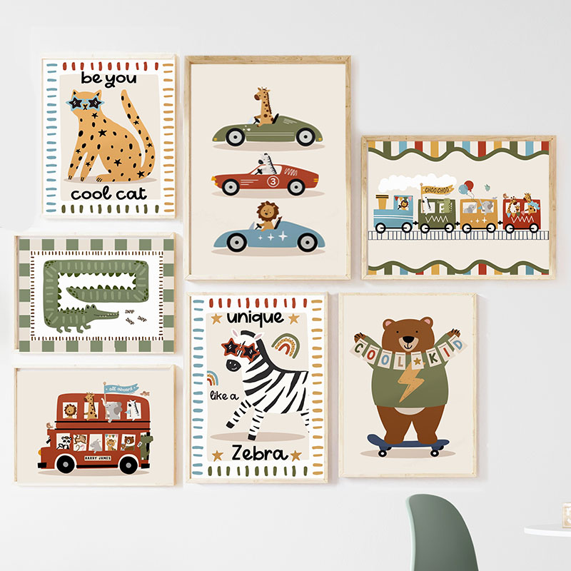 Baby Nursery Animal Prints - 面白い漫画の動物、車、バス、保育園の壁飾り、キャンバス絵画、ヒョウ、クマ、シマウマのポスター＆プリント、赤ちゃん子供部屋の装飾