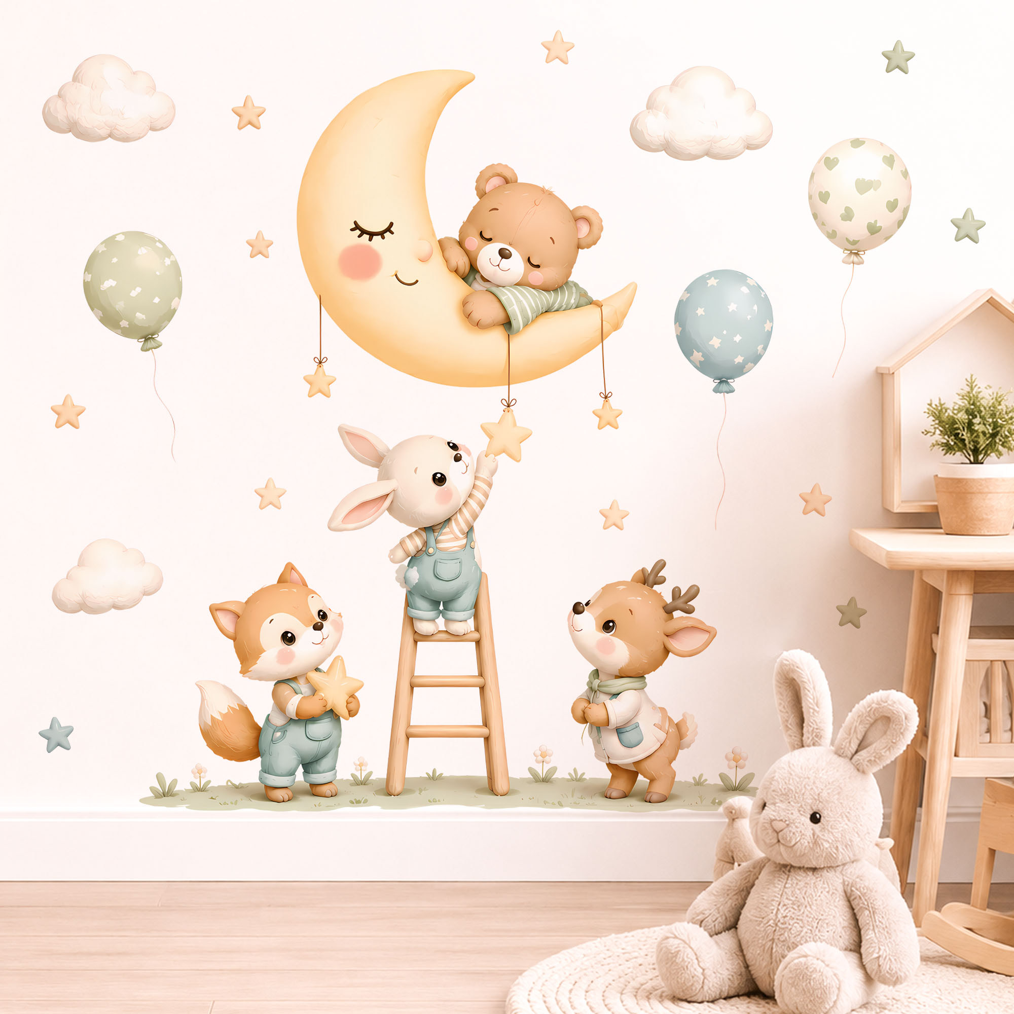 Baby Nursery Vinyl - 森の動物ウォールステッカー、取り外し可能な水彩画の星雲風船デコレーション、子供部屋用、ベビーシャワーギフトデカール