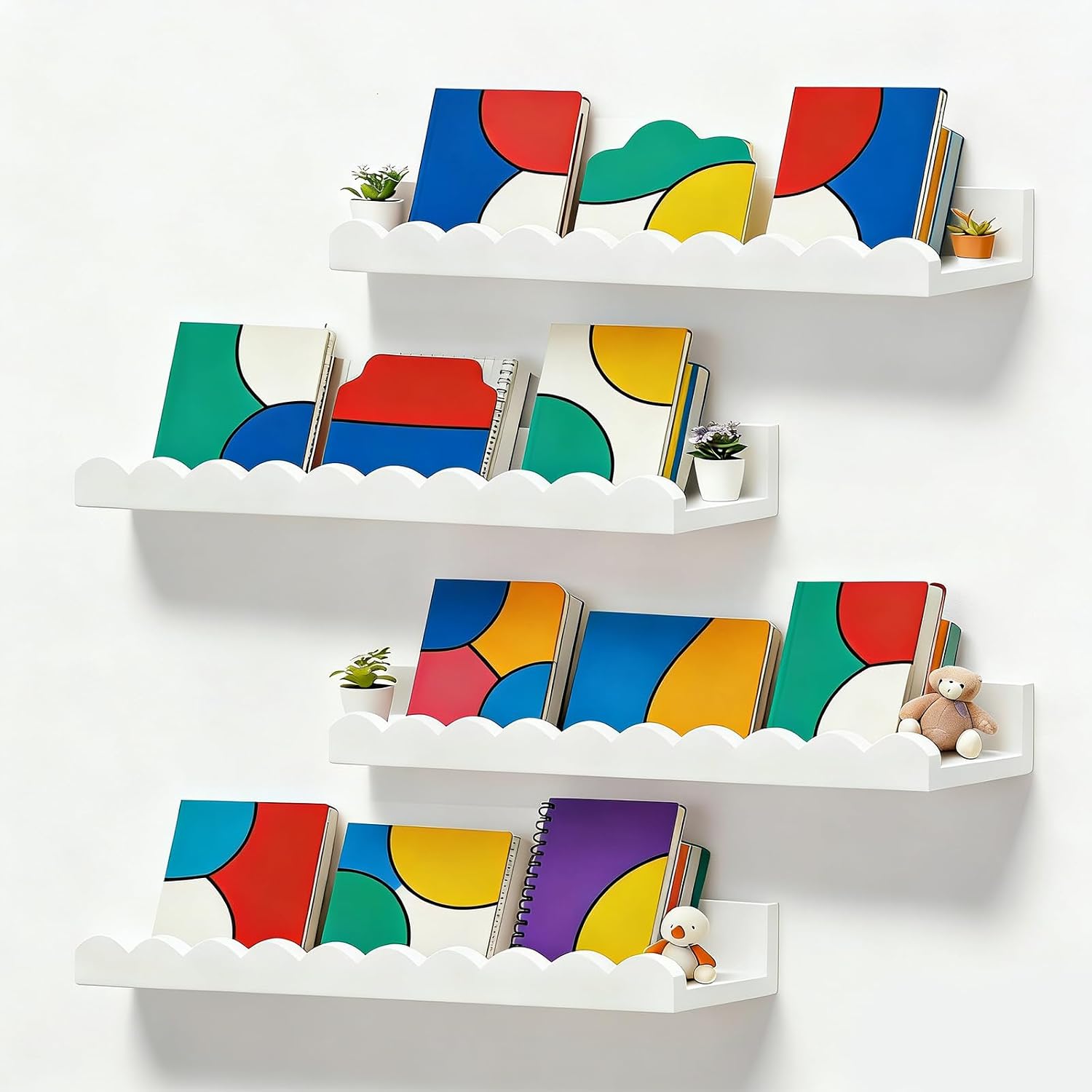 Baby Nursery Floating Shelves - 4個セットの白いスカラップ型フローティング子供用本棚、壁掛け式キッズブックシェルフ、寝室、赤ちゃん・幼児の部屋の装飾や本の展示に。