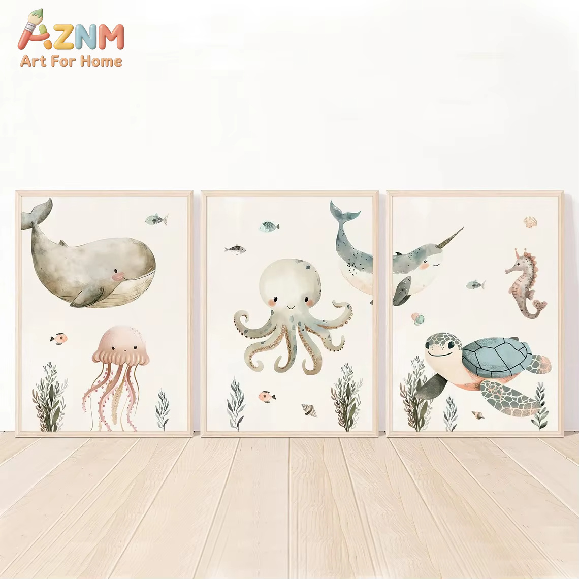 Baby Nursery Animal Prints - AZNM 水彩かわいい海洋動物キャンバスウォールアートクジラタコカメタツノオトシゴプリント非フレームキャンバス絵画赤ちゃん保育園用