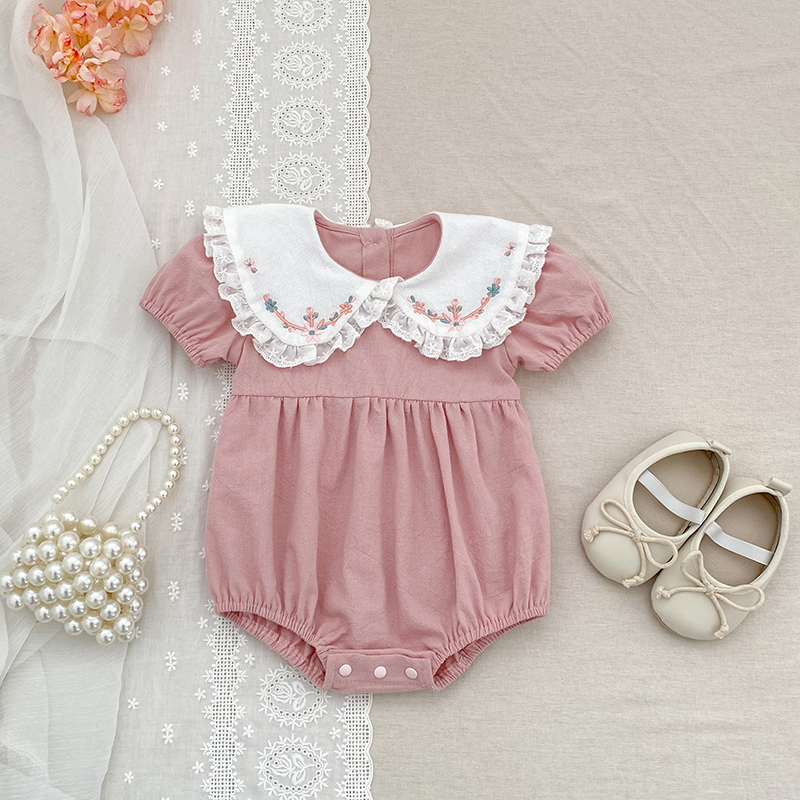 Baby Nursery Embroidery - 0-24 メートル新生児女の子ピンクロンパース半袖ロンパース新しい幼児服ラウンドネック花刺繍ボディスーツ新生児衣装