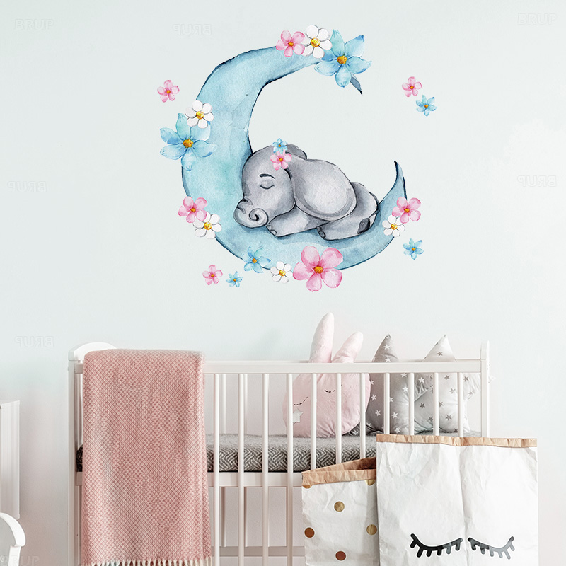 Baby Nursery Panelling - 水彩睡眠ベビー象にムーン壁のステッカー花子供のためのベビー保育室の壁のステッカールームpvc