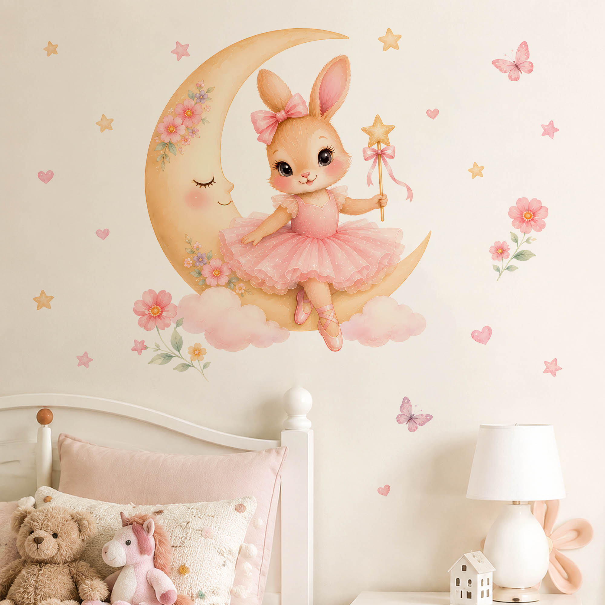 Baby Nursery Vinyl - 水彩画のバレリーナバニームーンウォールステッカー、ピンクのチュチュ、ウサギ、星、魔法の杖のウォールデカール、子供、女の子の部屋、寝室、家の装飾に