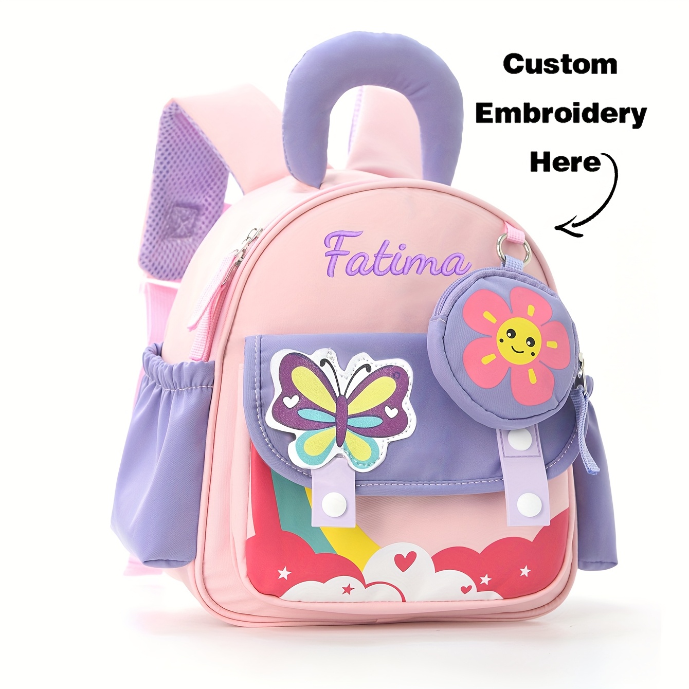 Baby Nursery Backpack - カスタムネーム漫画風スタイリッシュバックパック、刺繍入りロケットと蝶モチーフスクールバッグ、かわいいミニ軽量バッグ、小銭入れ付き