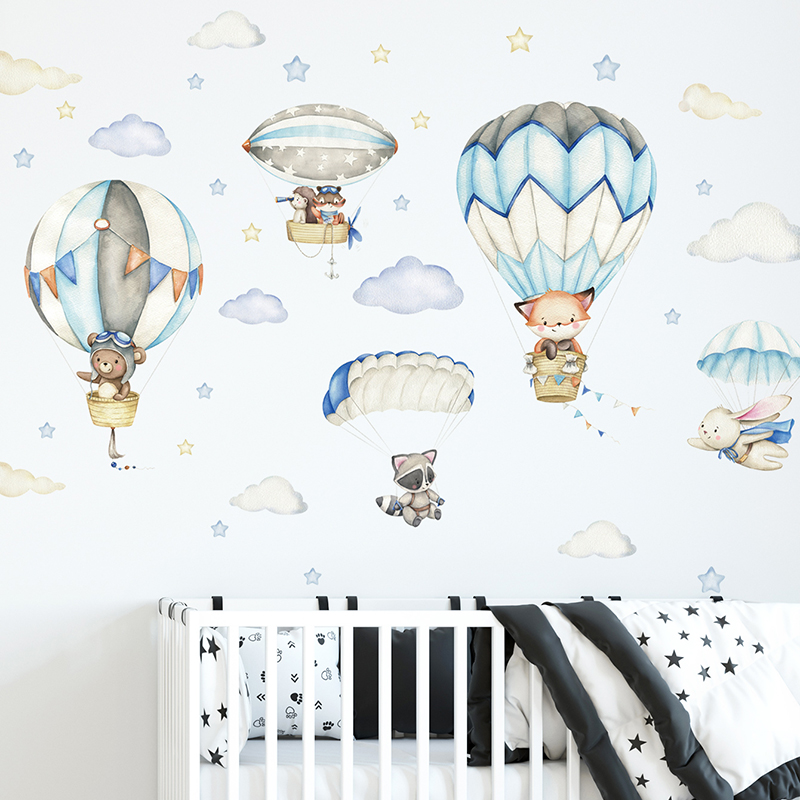 Baby Nursery Animal Prints - 漫画かわいい動物熱気球ウォールステッカーキッズルームベビー保育園ルーム壁飾り寝室の装飾家の装飾 PVC