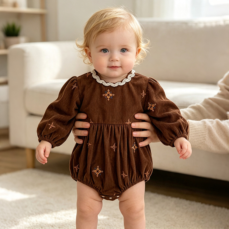 Baby Nursery Embroidery - 0-24M ヴィンテージブラウンコーデュロイベビーロンパース長袖刺繍レース襟幼児女の子バブルボディスーツ秋新生児ジャンプスーツ