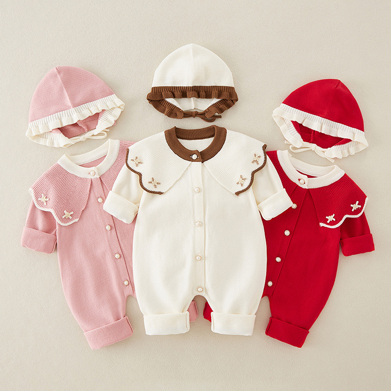 Baby Nursery Embroidery - 帽子,ニットロンパース,新生児服,春と秋のベビー刺embroideryパッチワークジャンプスーツ