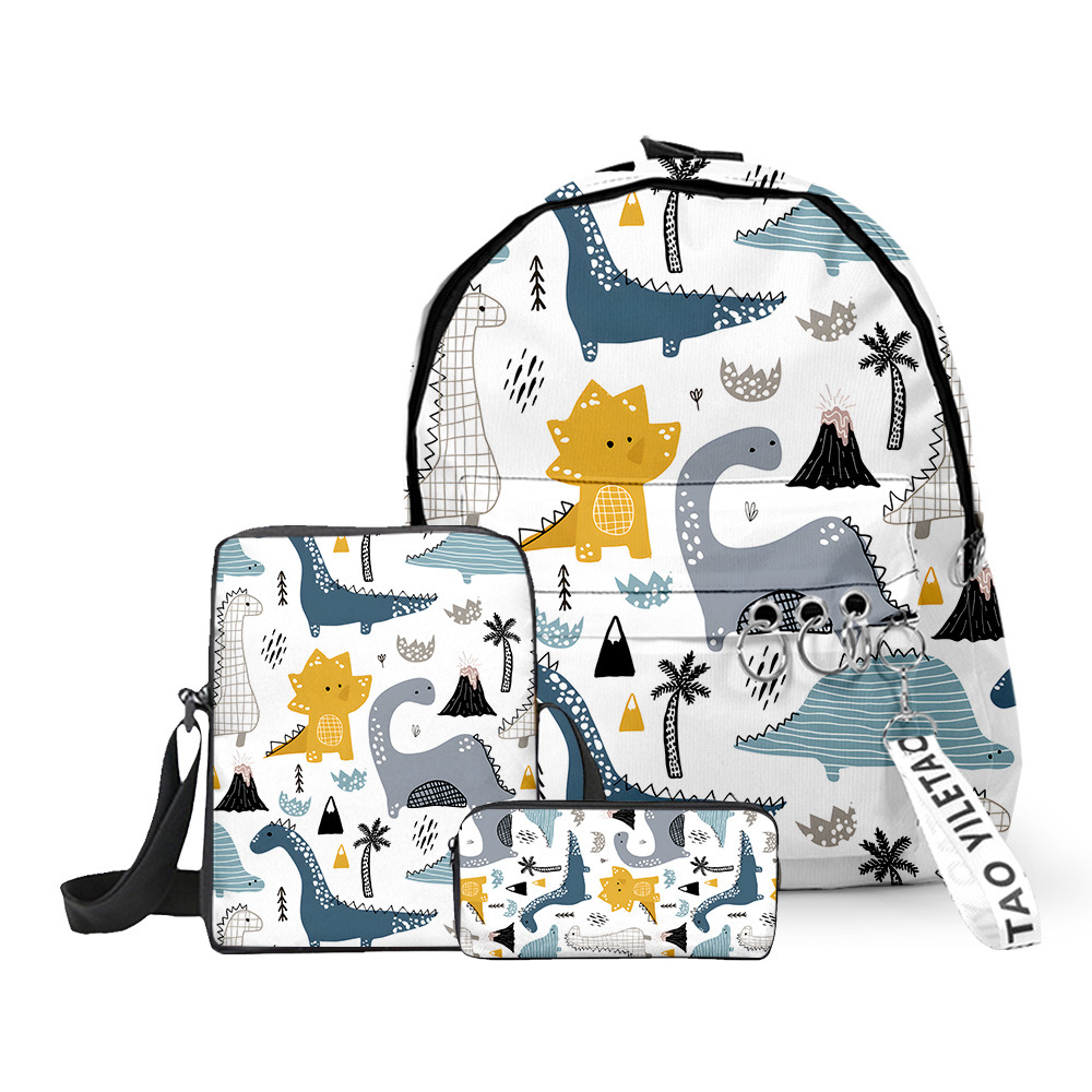Baby Nursery Backpack - 古典的な人気の面白い恐竜 3D プリント 3 ピース/セット生徒スクールバッグオックスフォードキーチェーンバックパック傾斜ショルダーバッグ鉛筆ケース