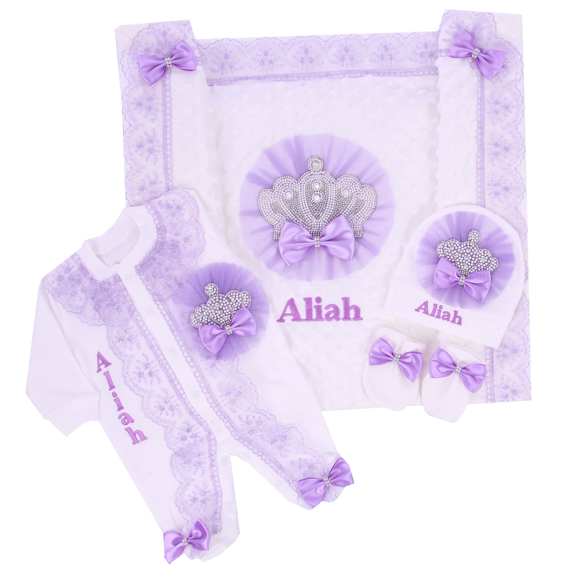 Baby Nursery Embroidery - 小さな女の子のためのラベンダーレースの5つの部分のセット,手作りの毛布,ギフトボックス,0〜3mの刺繍,王冠,ボンネット,パラジャム