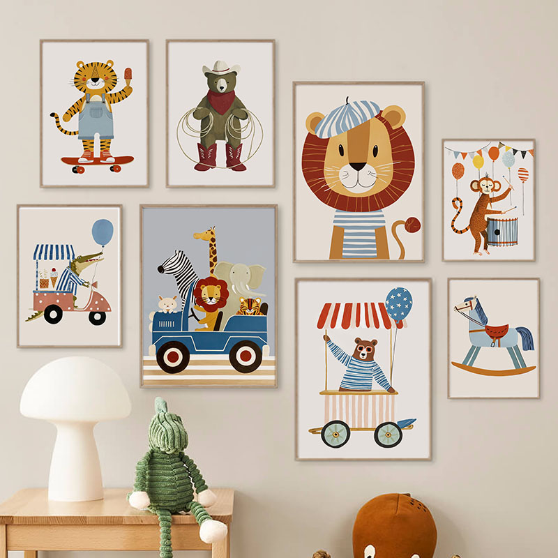 Baby Nursery Animal Prints - 面白い漫画の動物車風船保育園ウォールアートキャンバス絵画ライオンベアタイガーポスター＆プリント写真ベビーキッズルームデコレーション