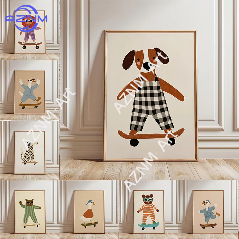 Baby Nursery Animal Prints - 1PC 面白い動物スケートボードポスタートレンディなガチョウアヒル犬スケートキャンバス絵画壁アートベビー保育室家の装飾用