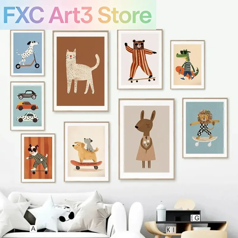 Baby Nursery Animal Prints - 1pc フレームレス面白い動物ウサギ犬猫スケートボードポスタープリント壁アートキャンバスニュートラル保育園絵画ベビーキッズルーム用