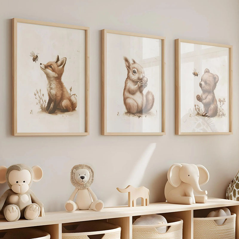 Baby Nursery Animal Prints - クマウサギキツネ鹿リスネズミ動物ポスター保育園壁アートキャンバス絵画ポスタープリント写真ベビーキッズルーム装飾