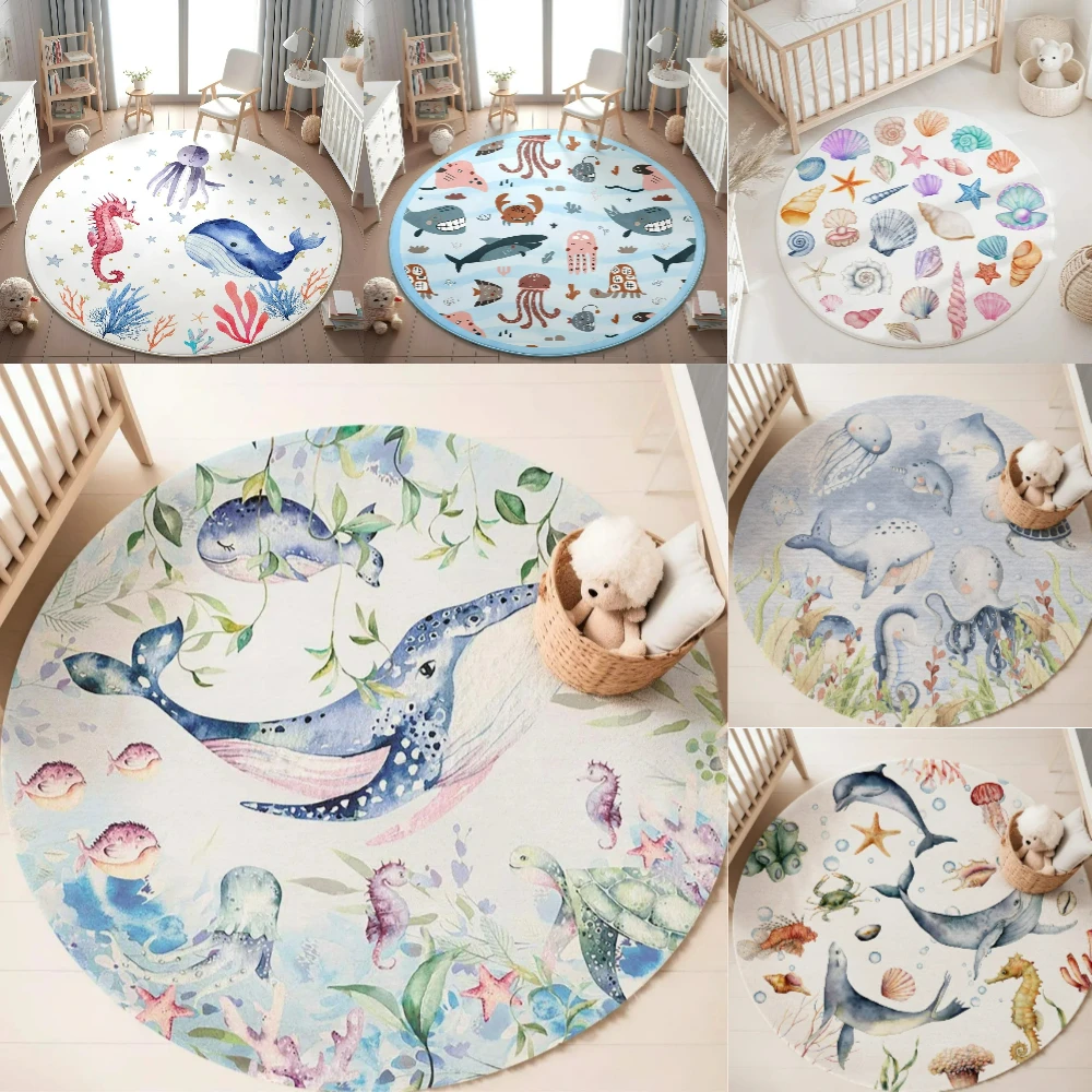 Baby Nursery Animal Prints - ブルーマリンアニマルラウンドカーペット リビングルーム用 女の子の部屋 子供用プレイルームマット 寝室用ソフトラグ 保育園装飾