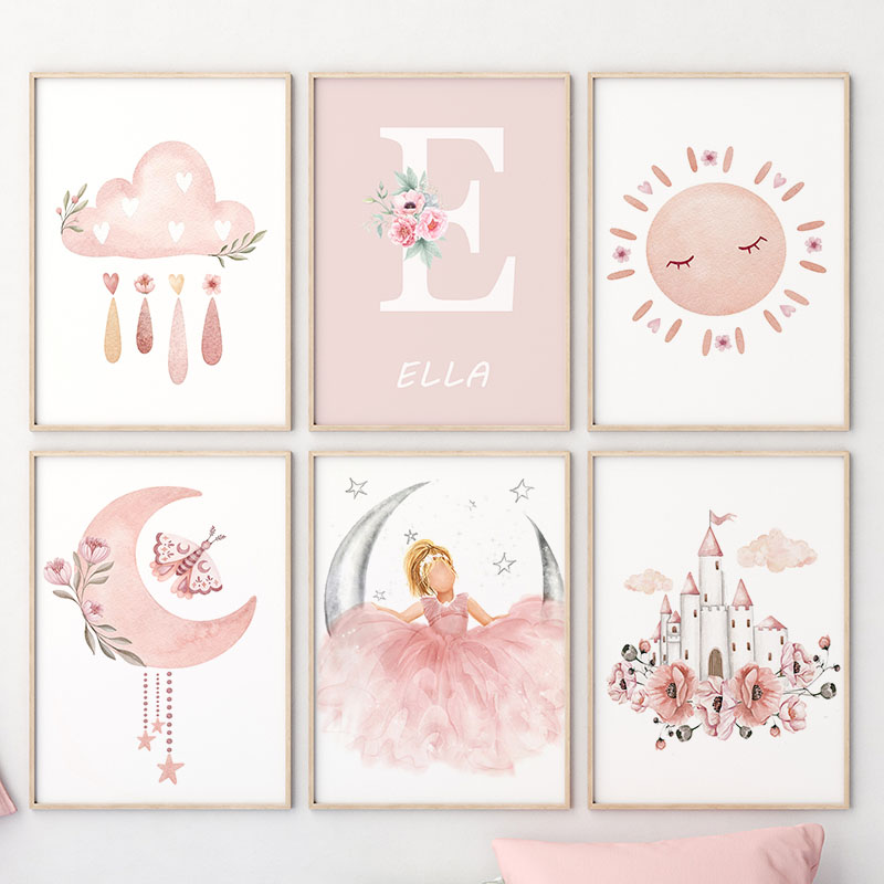 ピンクの天使の女の子日月雲白鳥城壁アート保育園キャンバス絵画 - Baby Nursery Animal Prints のレビューと価格