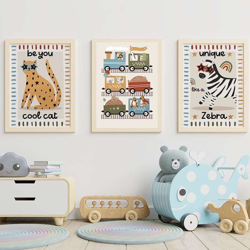 面白い漫画の動物、車、バス、保育園の壁飾り、キャンバス絵画、 - Baby Nursery Animal Prints のレビューと価格