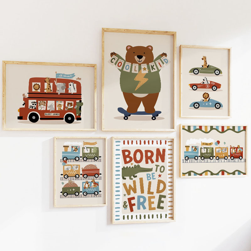 面白い漫画の動物、車、バス、保育園の壁飾り、キャンバス絵画、 - Baby Nursery Animal Prints のレビューと価格