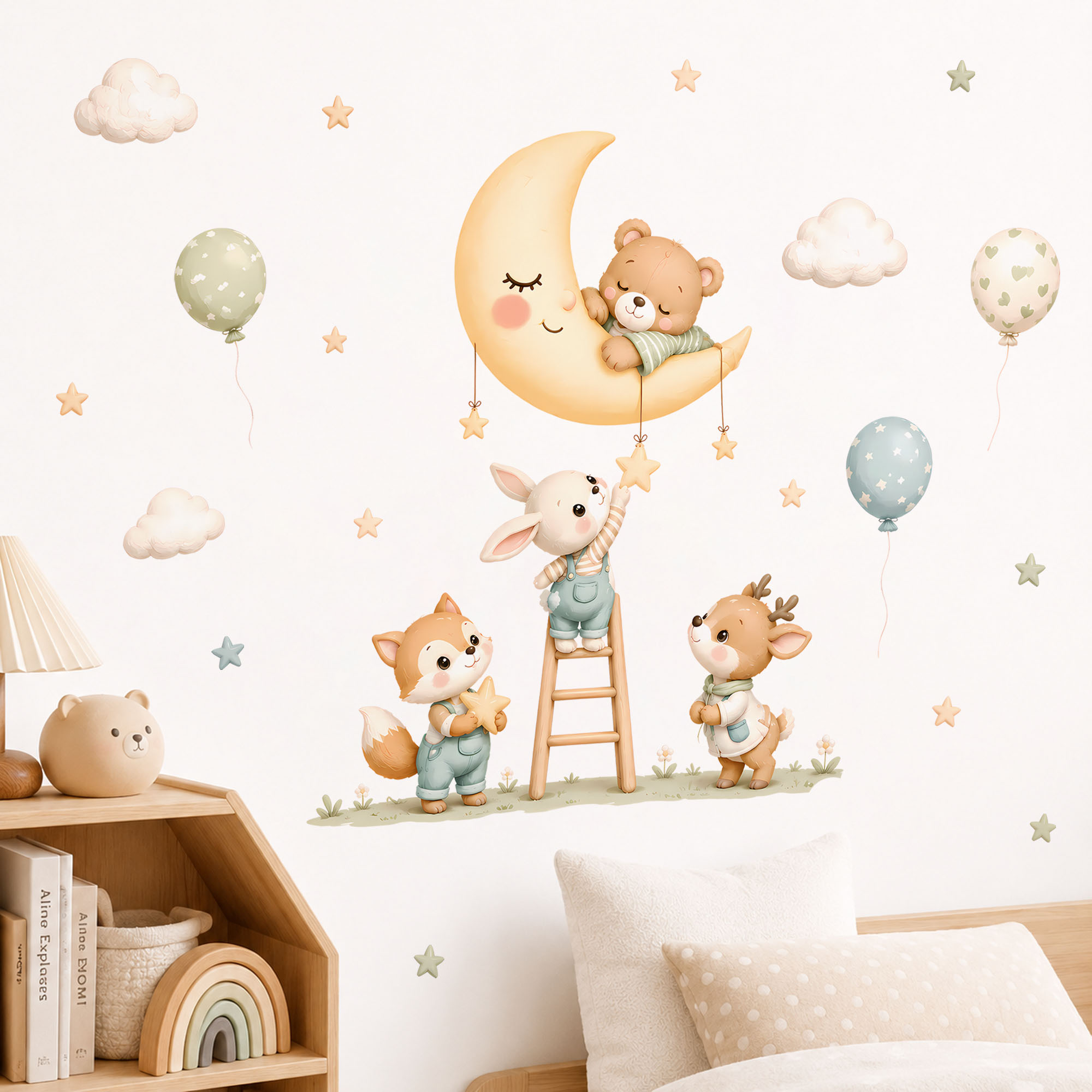 森の動物ウォールステッカー、取り外し可能な水彩画の星雲風船デ - Baby Nursery Vinyl のレビューと価格