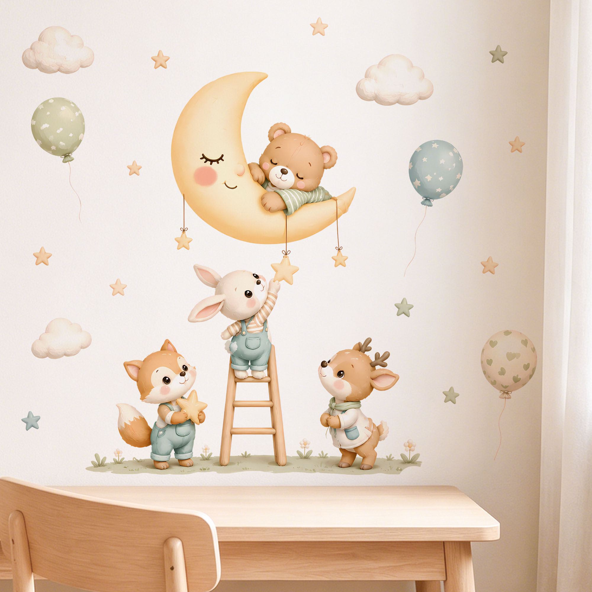 森の動物ウォールステッカー、取り外し可能な水彩画の星雲風船デ - Baby Nursery Vinyl のレビューと価格