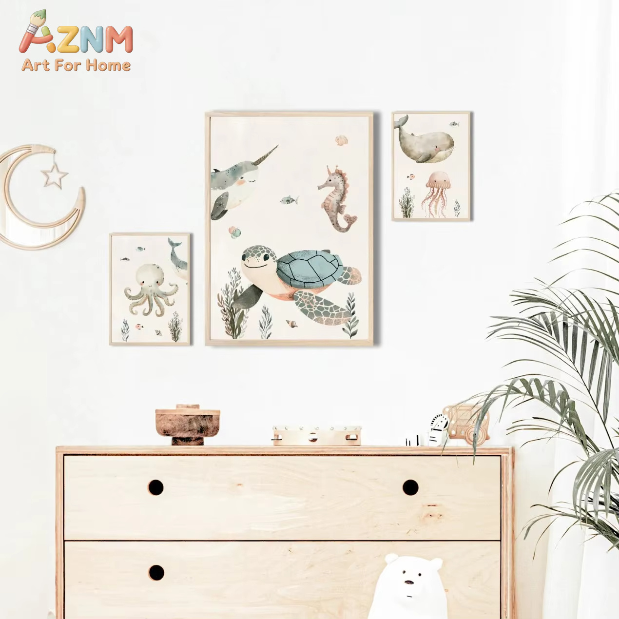 AZNM 水彩かわいい海洋動物キャンバスウォールアートクジラ - Baby Nursery Animal Prints のレビューと価格