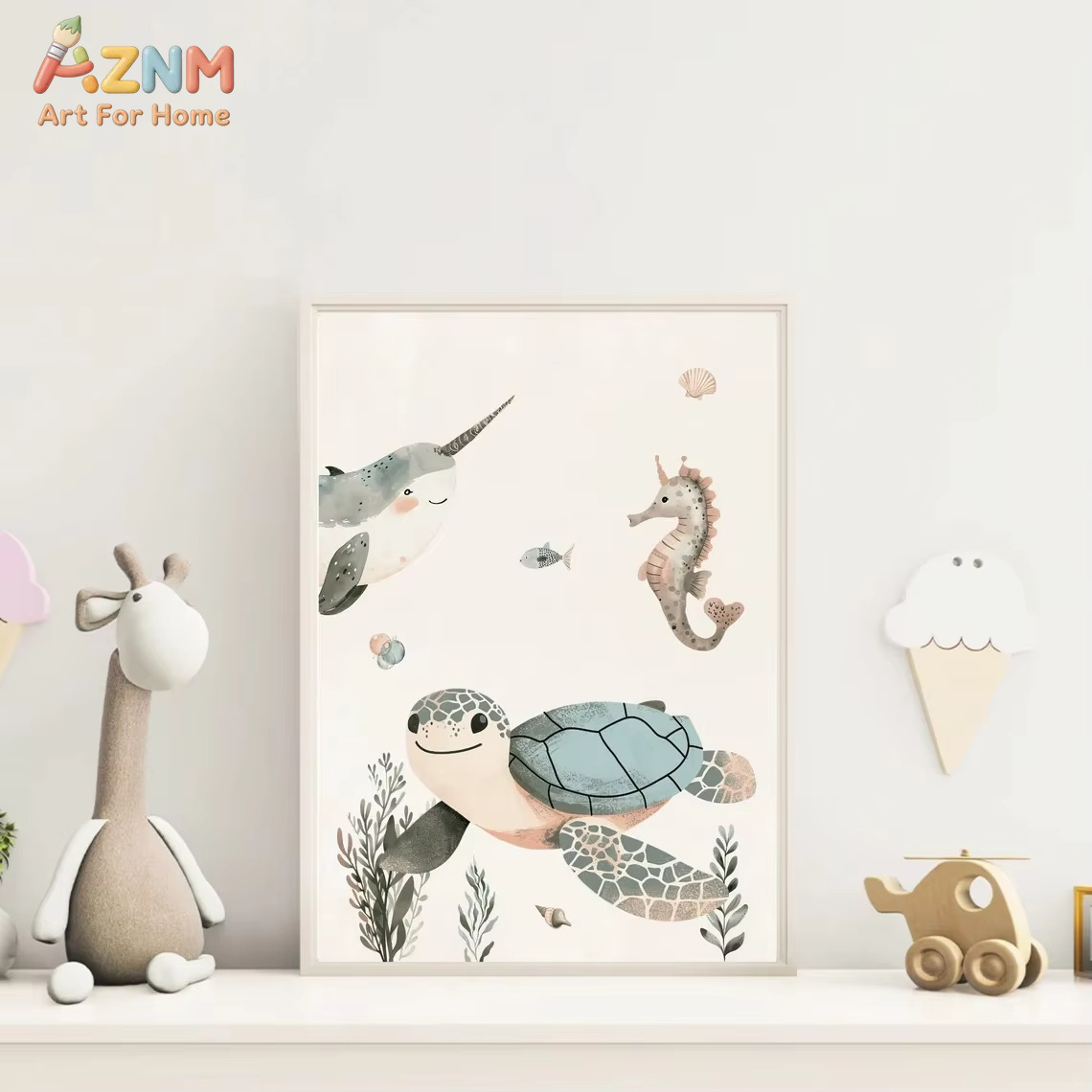 AZNM 水彩かわいい海洋動物キャンバスウォールアートクジラ - Baby Nursery Animal Prints のレビューと価格