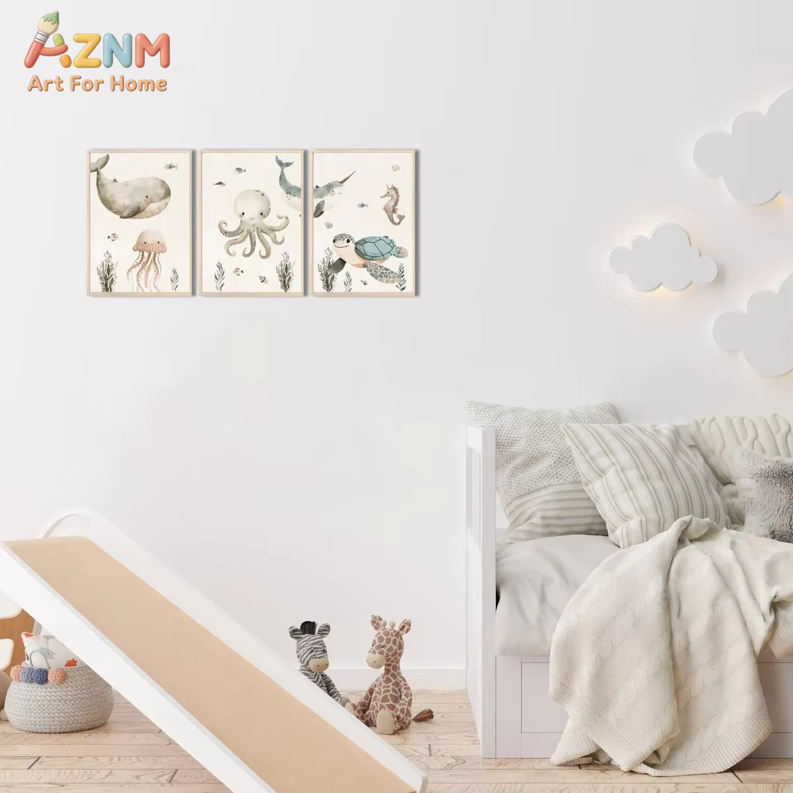 AZNM 水彩かわいい海洋動物キャンバスウォールアートクジラ - Baby Nursery Animal Prints のレビューと価格