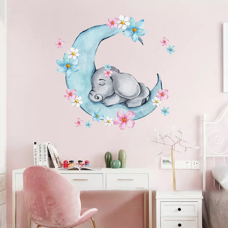 水彩睡眠ベビー象にムーン壁のステッカー花子供のためのベビー保 - Baby Nursery Panelling のレビューと価格