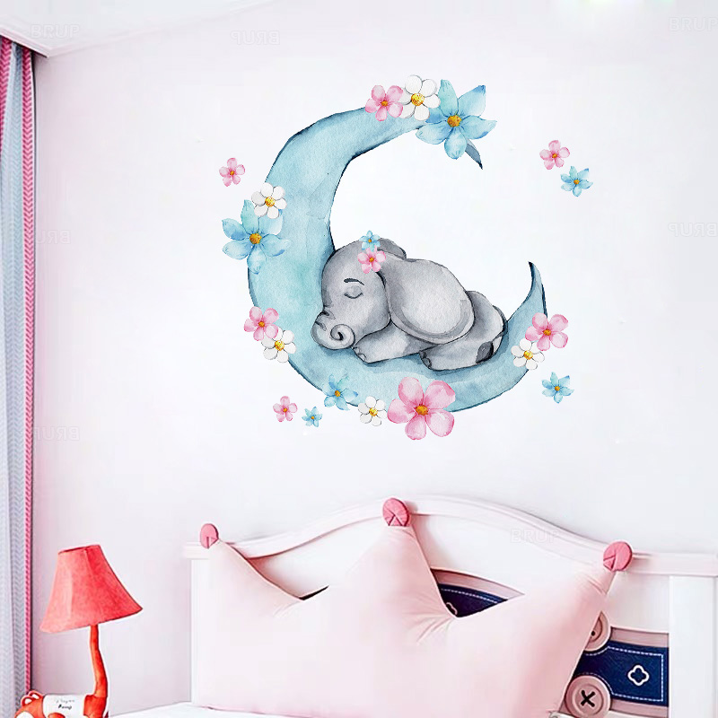水彩睡眠ベビー象にムーン壁のステッカー花子供のためのベビー保 - Baby Nursery Panelling のレビューと価格
