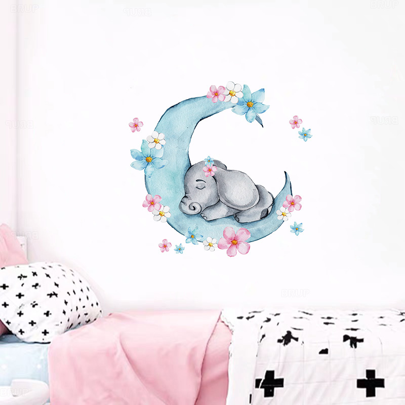 水彩睡眠ベビー象にムーン壁のステッカー花子供のためのベビー保 - Baby Nursery Panelling のレビューと価格