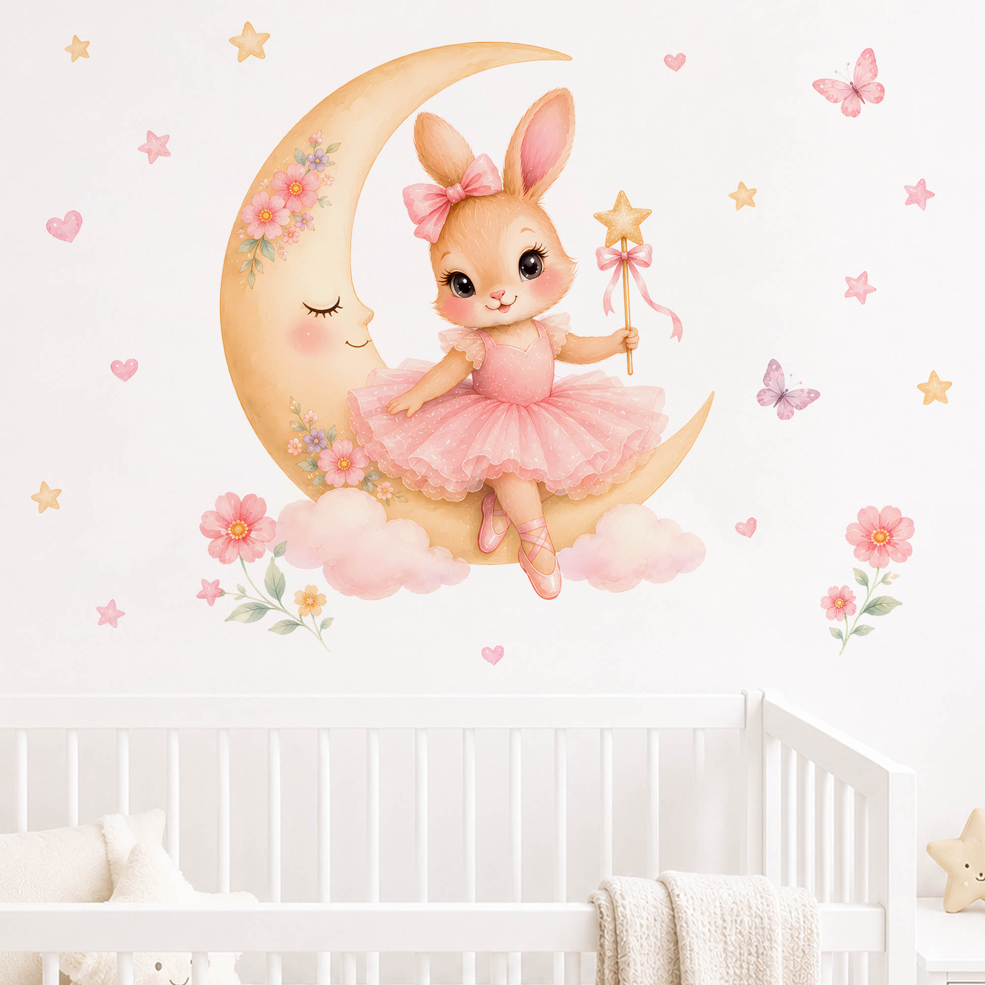水彩画のバレリーナバニームーンウォールステッカー、ピンクのチ - Baby Nursery Vinyl のレビューと価格