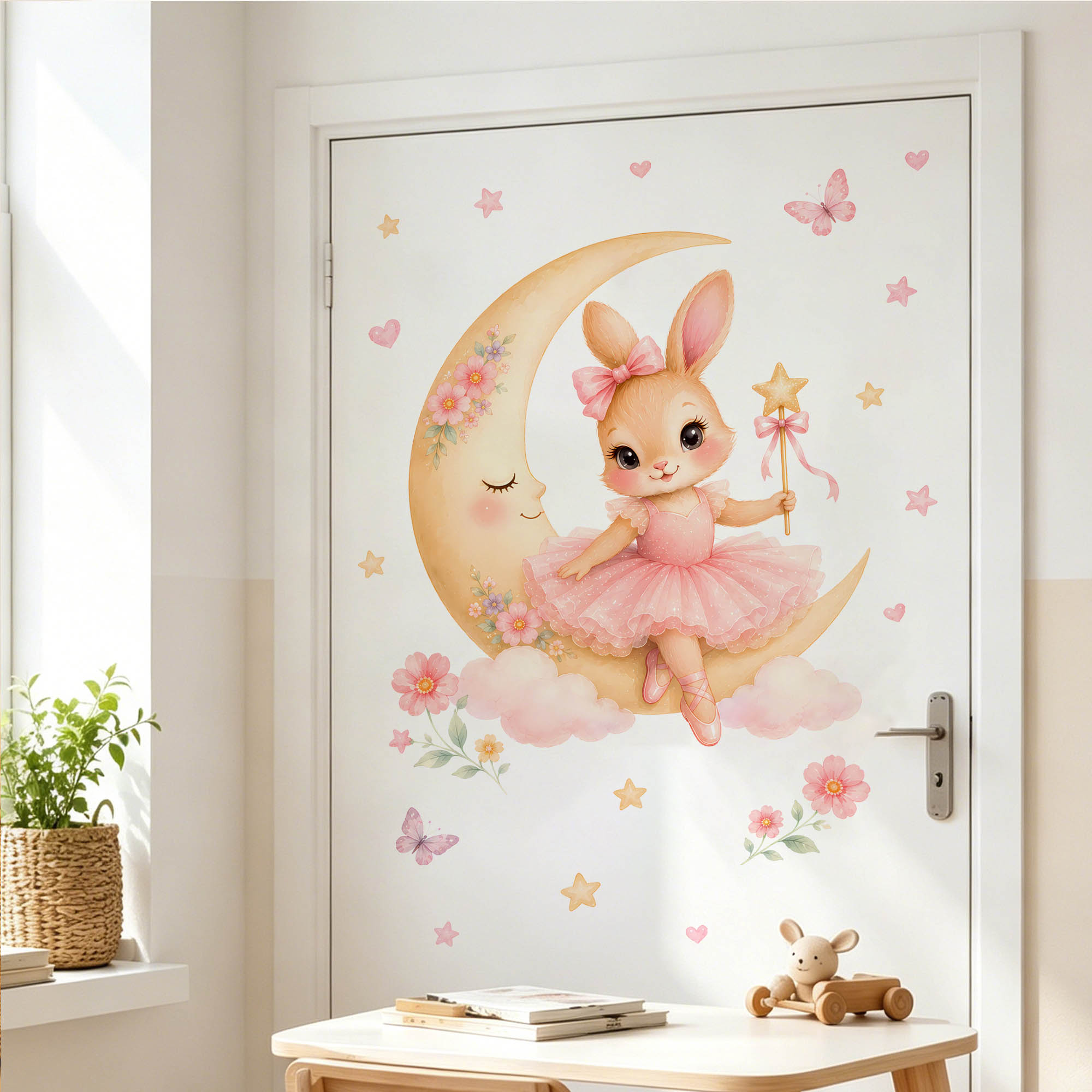 水彩画のバレリーナバニームーンウォールステッカー、ピンクのチ - Baby Nursery Vinyl のレビューと価格