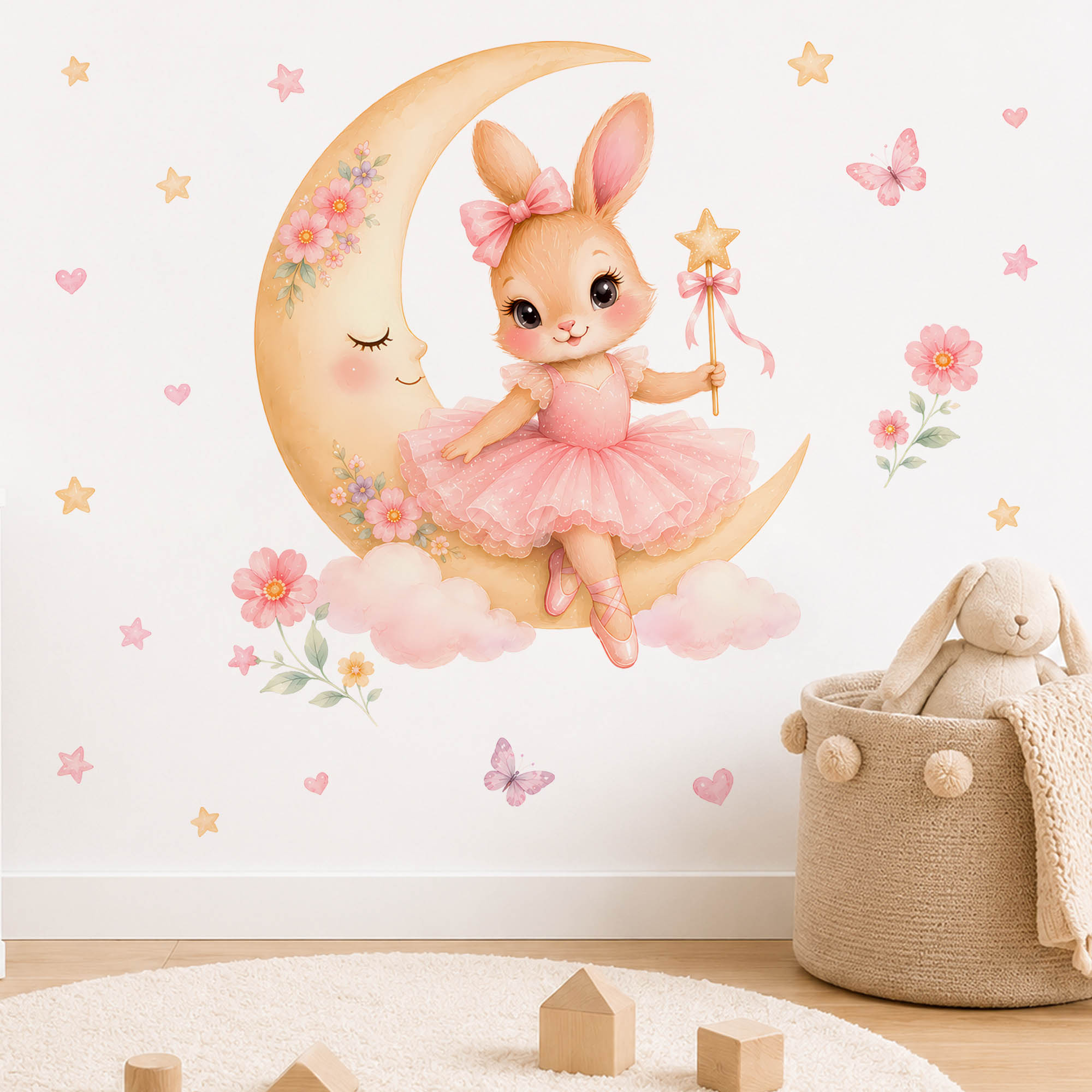 水彩画のバレリーナバニームーンウォールステッカー、ピンクのチ - Baby Nursery Vinyl のレビューと価格