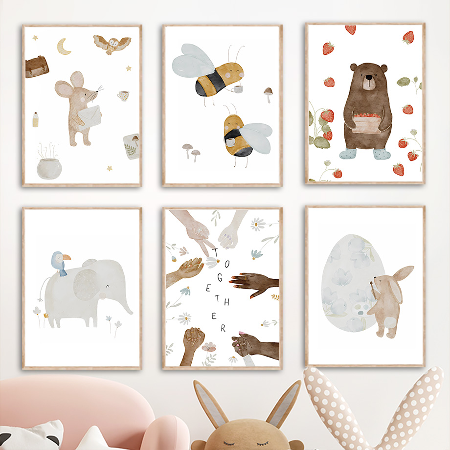 ボヘミアン風アニマルフレンド象ウサギクマ鹿蜂ポスターとプリン - Baby Nursery Animal Prints のレビューと価格