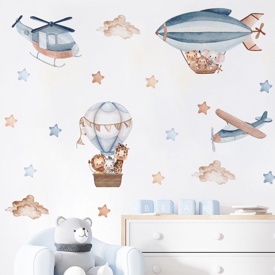 水彩動物熱気球雲ウォールステッカーキッズルームベビー保育園ル - Baby Nursery Vinyl のレビューと価格