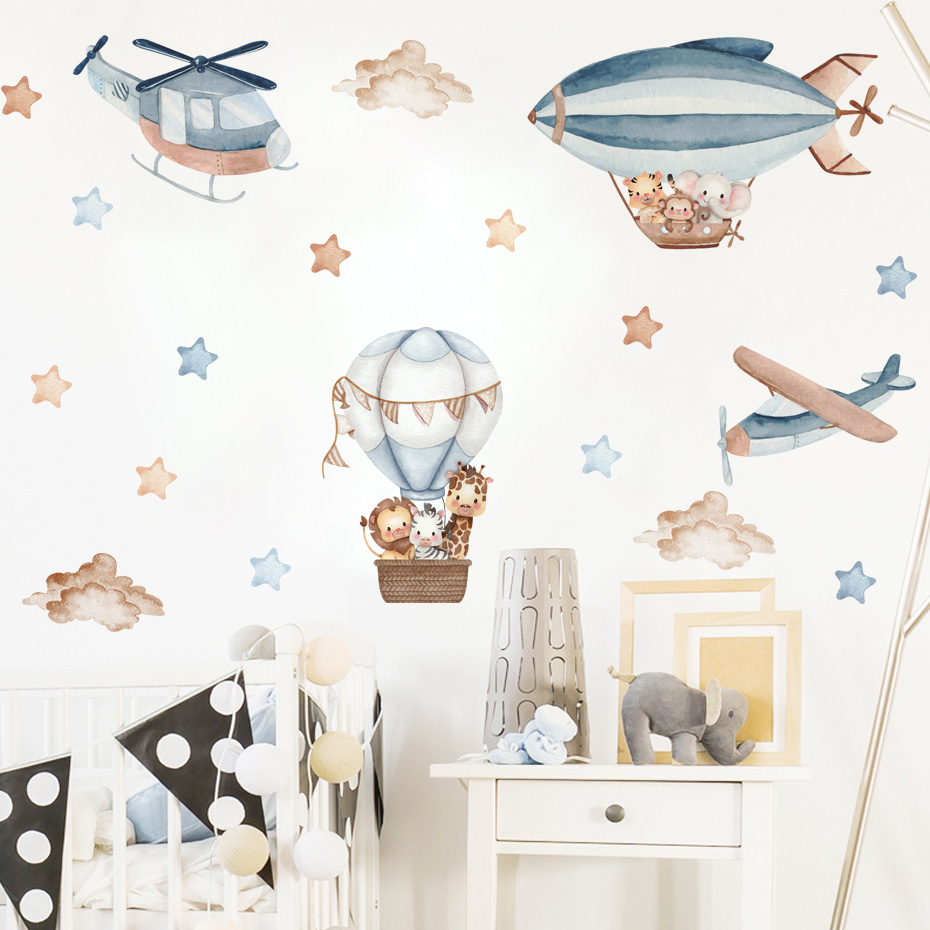 水彩動物熱気球雲ウォールステッカーキッズルームベビー保育園ル - Baby Nursery Vinyl のレビューと価格