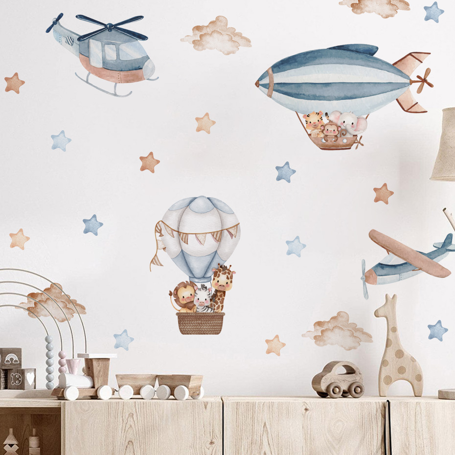 水彩動物熱気球雲ウォールステッカーキッズルームベビー保育園ル - Baby Nursery Vinyl のレビューと価格