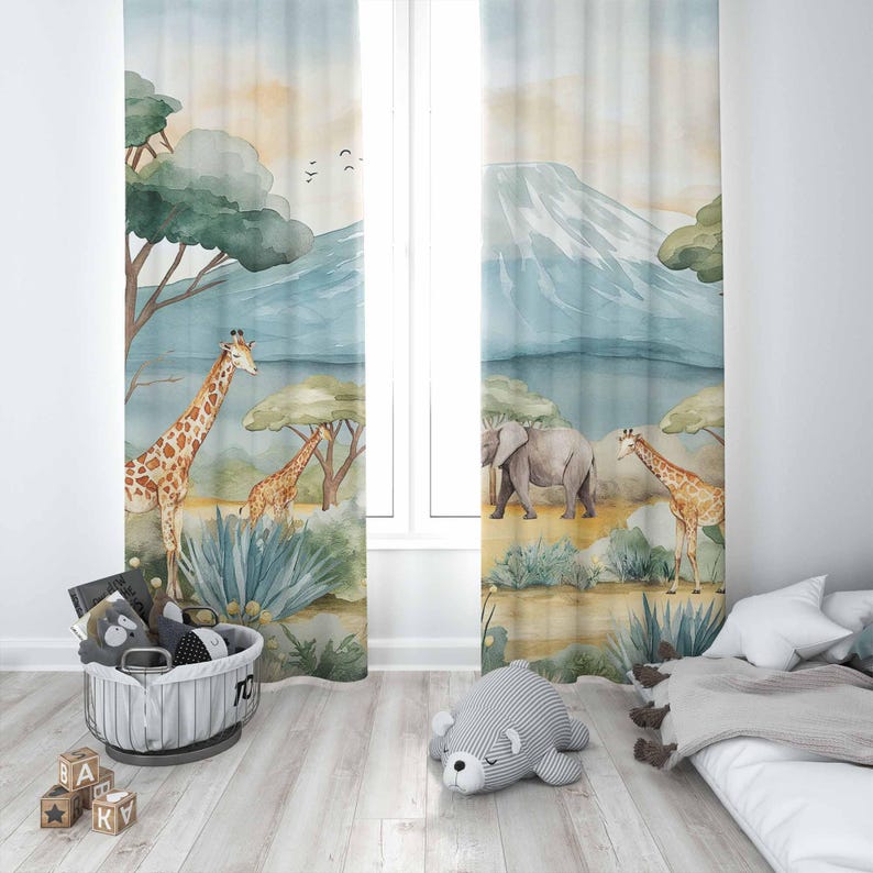 サファリ動物子供用カーテン男の子の部屋カーテン遮光カーテン保 - Baby Nursery Panelling のレビューと価格