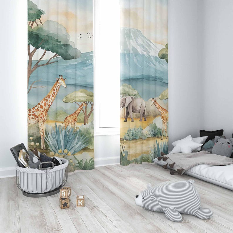 サファリ動物子供用カーテン男の子の部屋カーテン遮光カーテン保 - Baby Nursery Panelling のレビューと価格