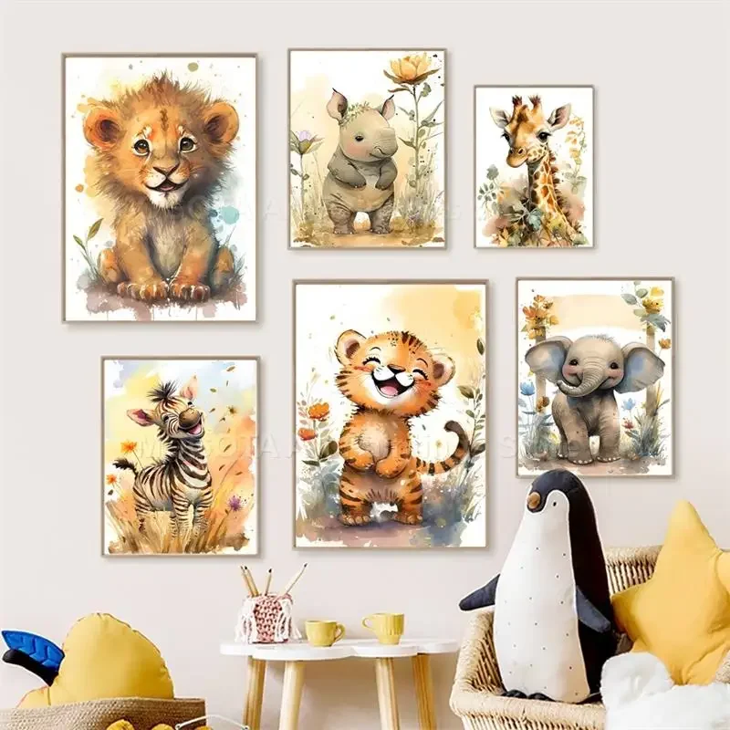 水彩ライオンキリン虎象シマウマ保育園壁アートキャンバス絵画動 - Baby Nursery Animal Prints のレビューと価格
