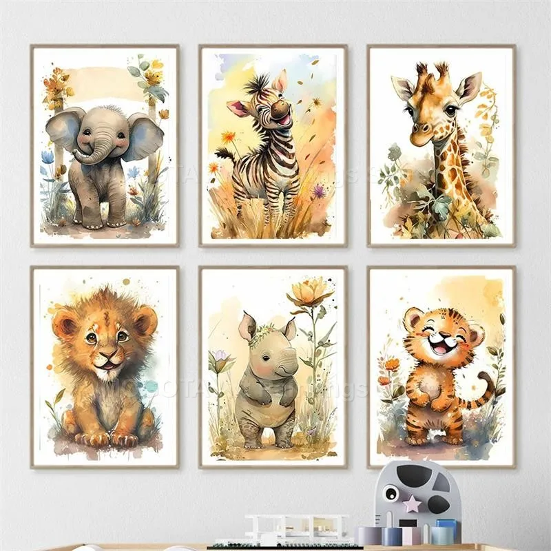 水彩ライオンキリン虎象シマウマ保育園壁アートキャンバス絵画動 - Baby Nursery Animal Prints のレビューと価格