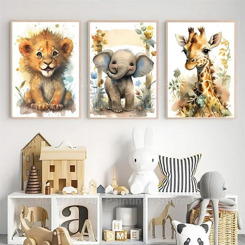 水彩ライオンキリン虎象シマウマ保育園壁アートキャンバス絵画動 - Baby Nursery Animal Prints のレビューと価格