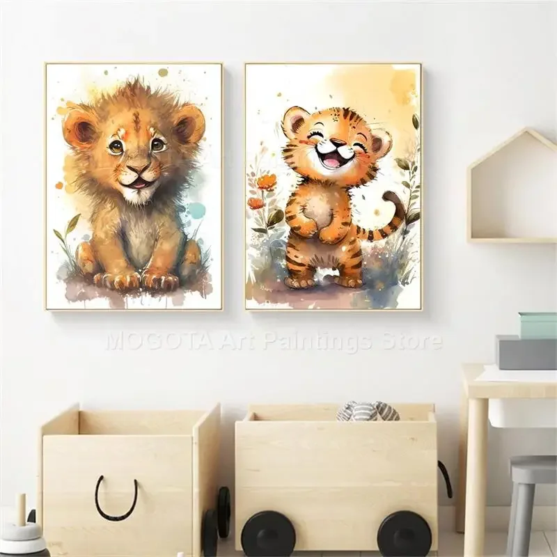 水彩ライオンキリン虎象シマウマ保育園壁アートキャンバス絵画動 - Baby Nursery Animal Prints のレビューと価格