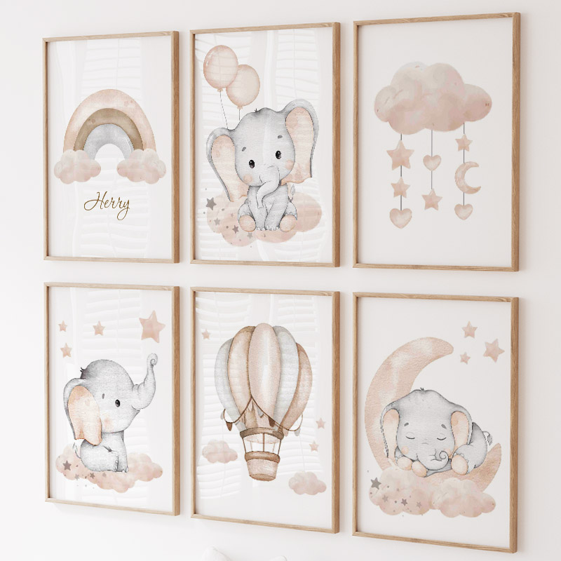 かわいい象熱気球ムーン虹雲保育園壁アートキャンバス絵画ポスタ - Baby Nursery Animal Prints のレビューと価格