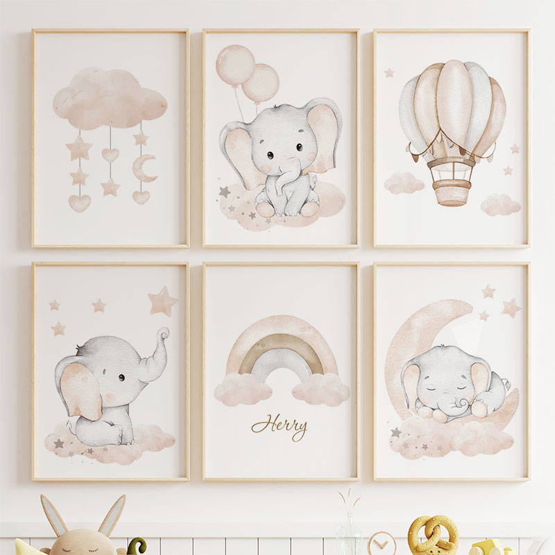 かわいい象熱気球ムーン虹雲保育園壁アートキャンバス絵画ポスタ - Baby Nursery Animal Prints のレビューと価格