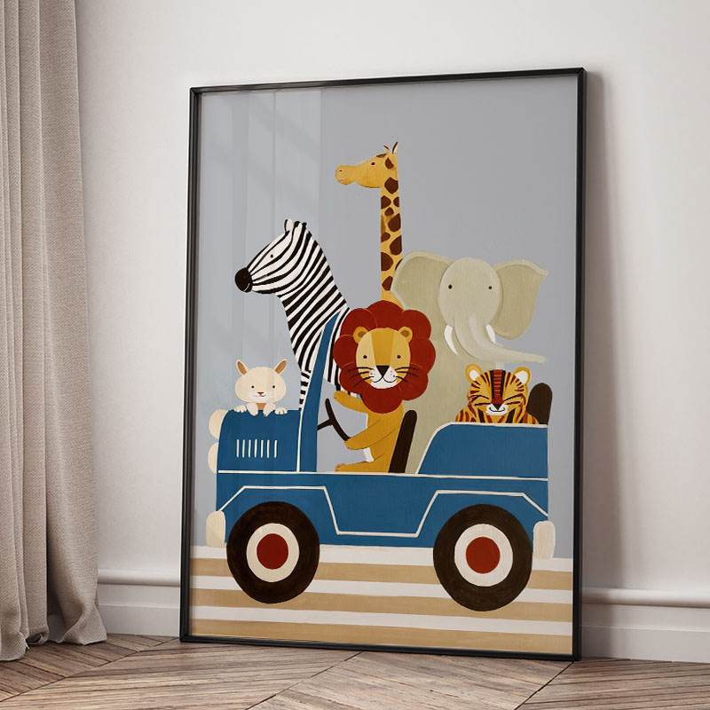 面白い漫画の動物車風船保育園ウォールアートキャンバス絵画ライ - Baby Nursery Animal Prints のレビューと価格