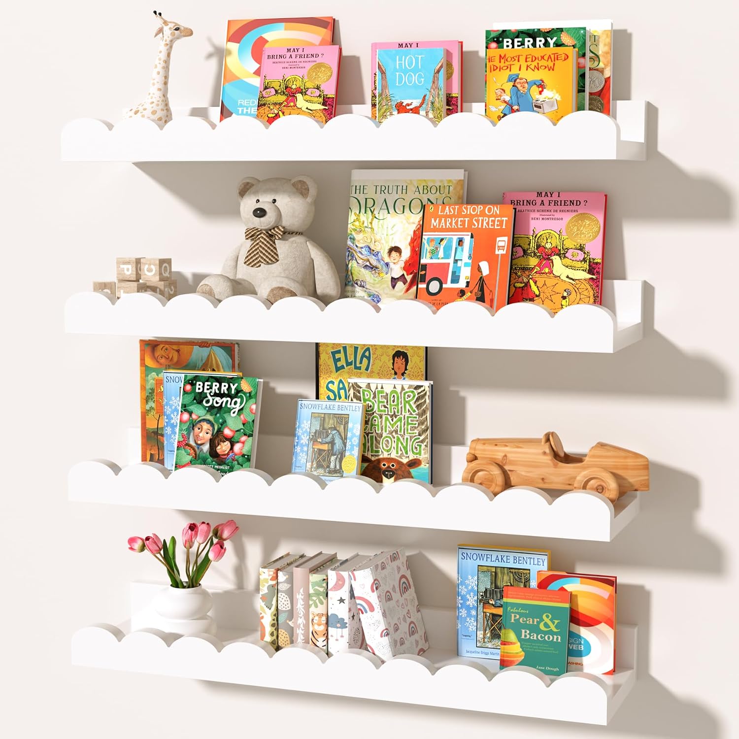 白いスカラップ型のフローティングナーセリーシェルフ4個セット - Baby Nursery Floating Shelves のレビューと価格